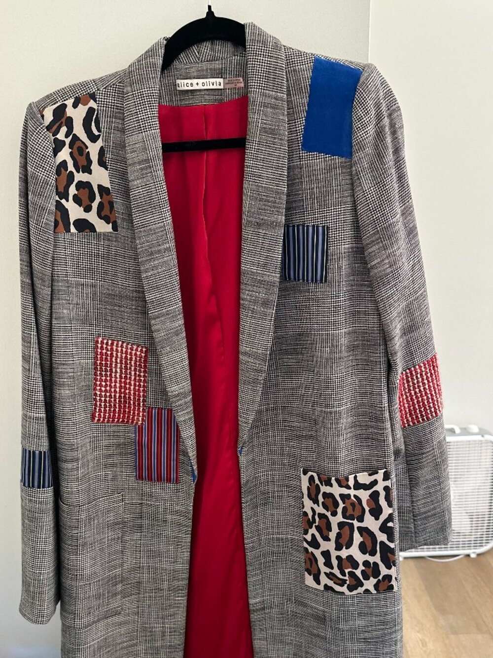 Alice + Olivia Patchwork Plaid Blazer Coat Multicolor Leopard Print Statement Ja